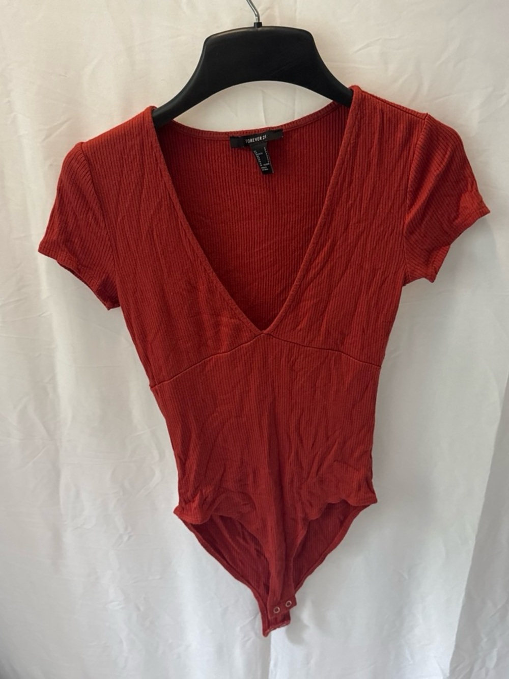 Forever 21 Rust Red Ribbed V-Neck Short Sleeve Bodysuit
